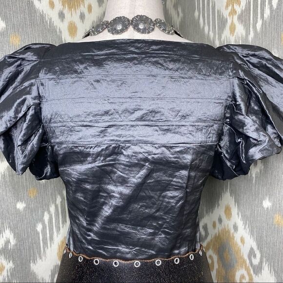 Ralph Lauren Gunmetal Pewter Metallic Pouf Sleeve Stretch Blouse - Picture 7 of 16